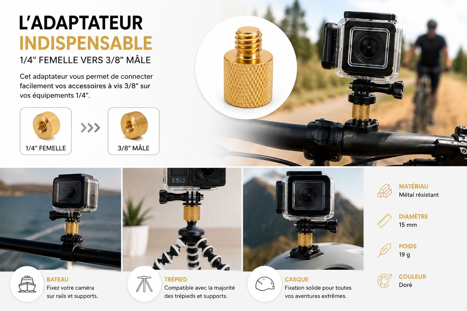 Adaptateur Métallique 1/4" Femelle vers 3/8" Mâle | Trépied & Caméra – Image 2