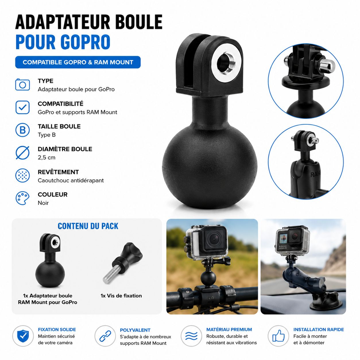 Adaptateur RAM Mount GoPro Boule Type B Anti-Vibration – Image 2