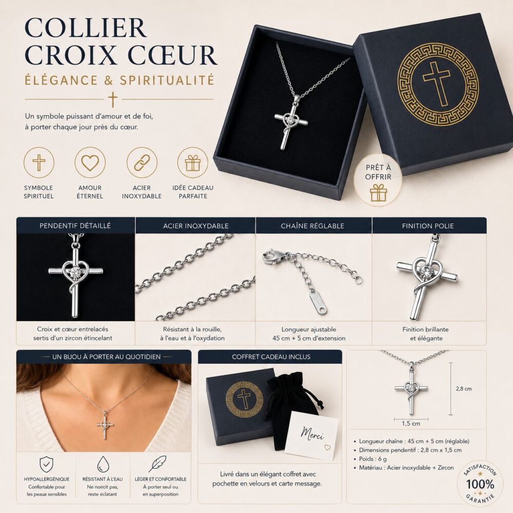 Collier croix argentée avec cœur entrelacé et pierre brillante style diamant sur chaîne fine élégante.
