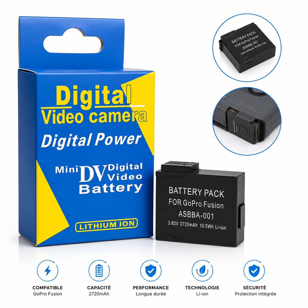 Batterie compatible GoPro Fusion 2720mAh Li-ion haute capacité noire sur fond blanc