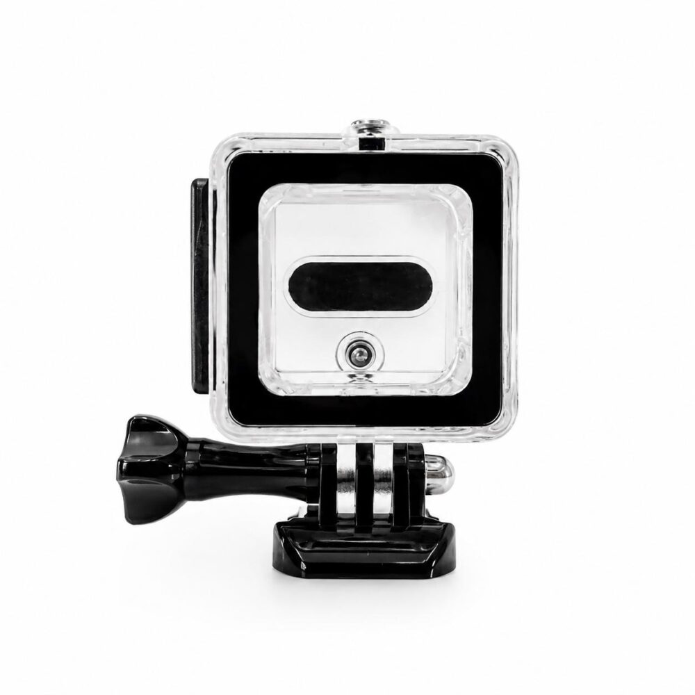 Boîtier étanche transparent compatible GoPro SESSION waterproof 60 mètres avec support de fixation noir sur fond blanc