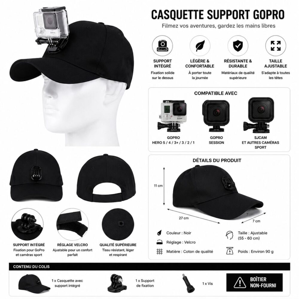 Casquette avec support de fixation pour GoPro intégré.