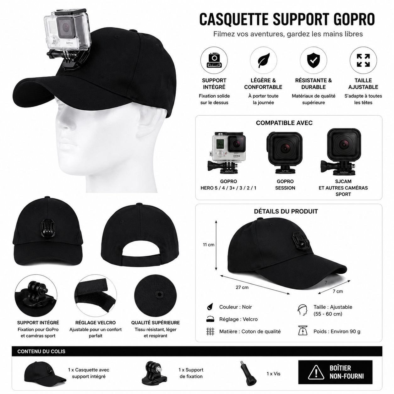 Casquette avec support de fixation pour GoPro intégré.