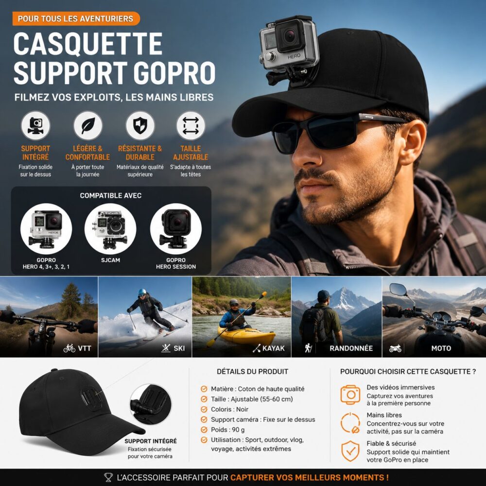 Casquette noire avec support GoPro intégré compatible HERO Session et caméras sport, réglable avec velcro pour filmer les activités en mains libres.