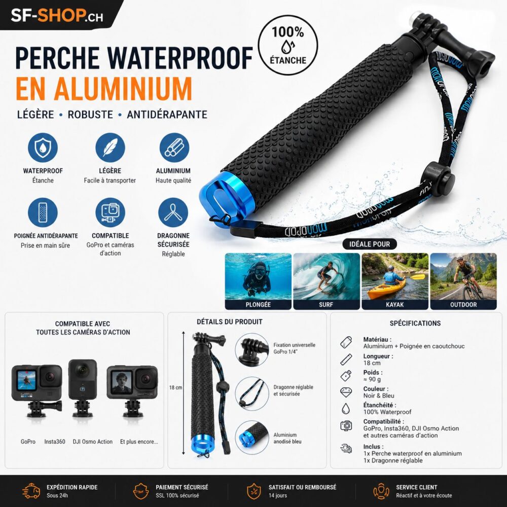 Perche waterproof en aluminium pour GoPro et caméra sport antidérapante
